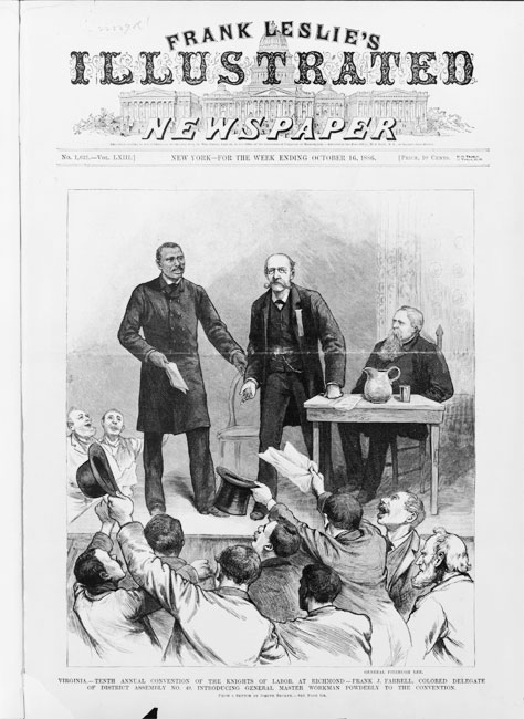 An illustrated newspaper cover from October 16, 1886 shows black labor leader Frank Ferrell addressing a majority white audience in Richmond, Virginia.