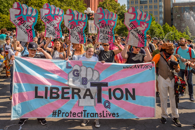 A group of people stand behind a banner on the 12th Annual Trans Day, 2016. 