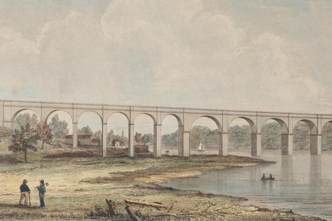 Landscape of a river and surrounding banks. Two figures stand on the closest bank, and a tall aqueduct is visible behind them