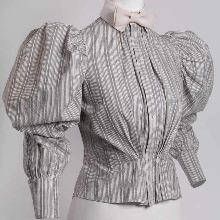 Gray and white striped cotton shirtwaist with linen collar