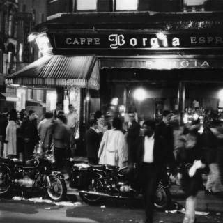 Outside the Caffe Borgia, at MacDougal and Bleecker Sts., 1966