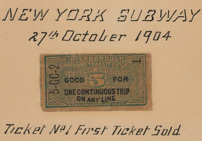 New York Subway. Ticket No. 1, First Ticket Sold, 1904, in the Infrastructure Collection. Museum of the City of New York, 35.51.1