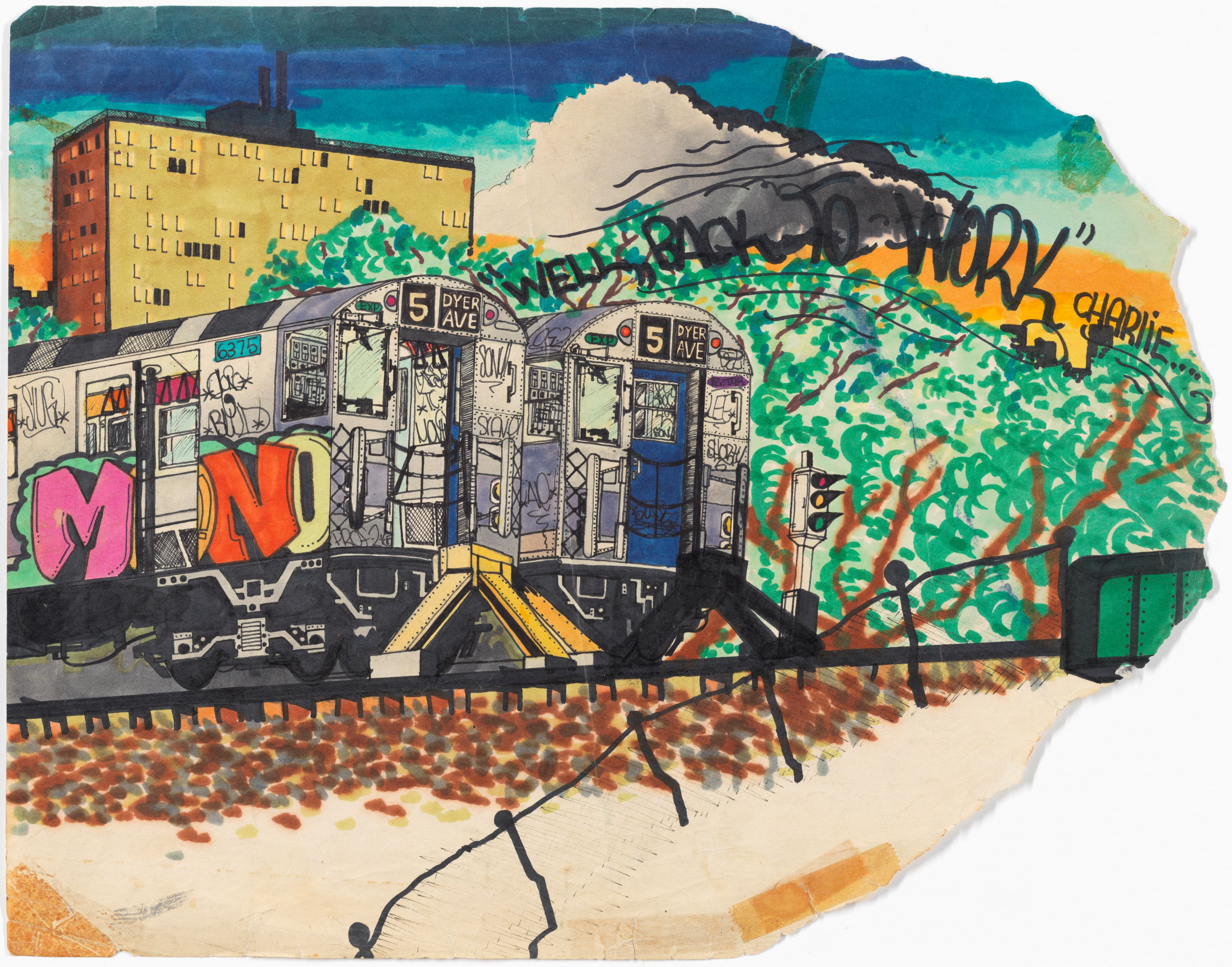 A painting of number 5 subway trains decorated with graffiti