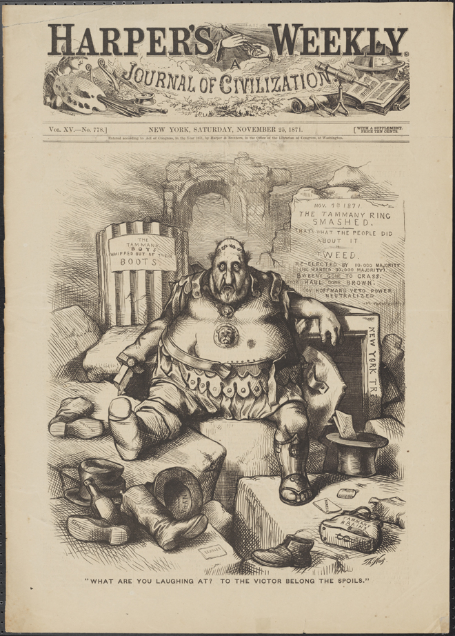 Thomas Nast (1840-1902). “What Are You Laughing At? To The Victor Belong the Spoils.” 1871. Museum of the City of New York. 99.124.2