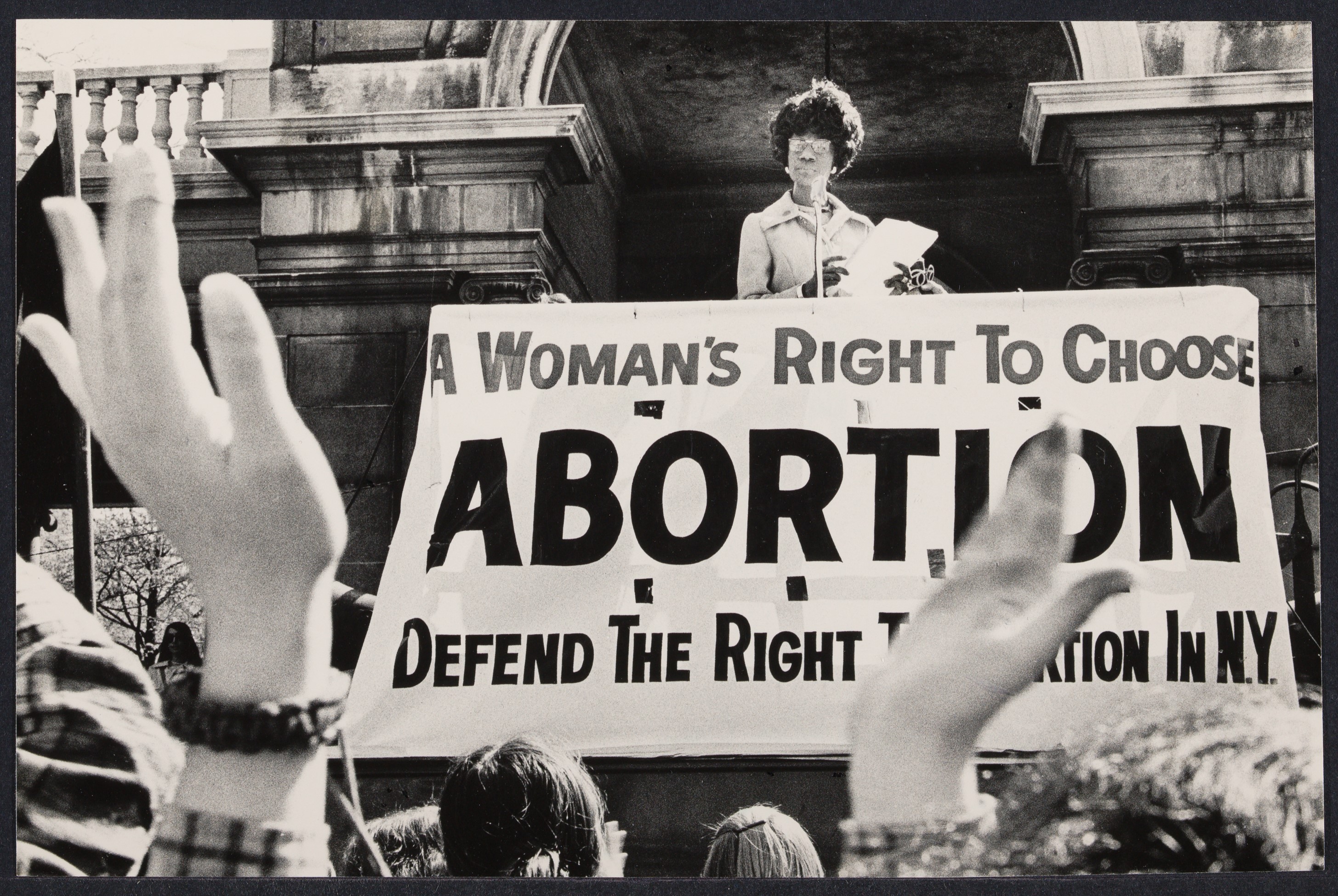 Shirley Chisholm speaking at a rally about a woman's right to choose