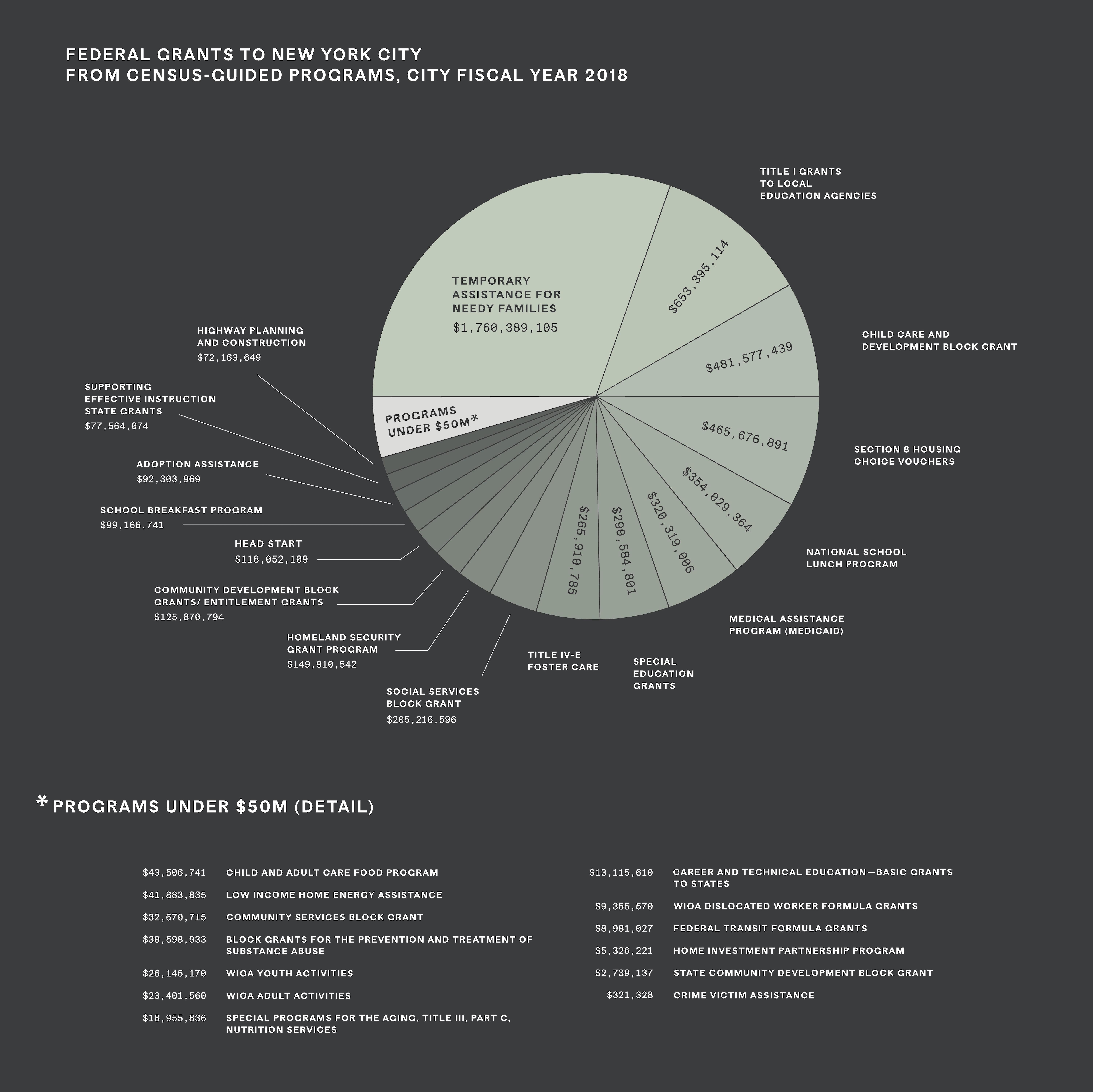 Federal grants to New York City from census-guided programs, city fiscal year 2018, 2019 pie chart