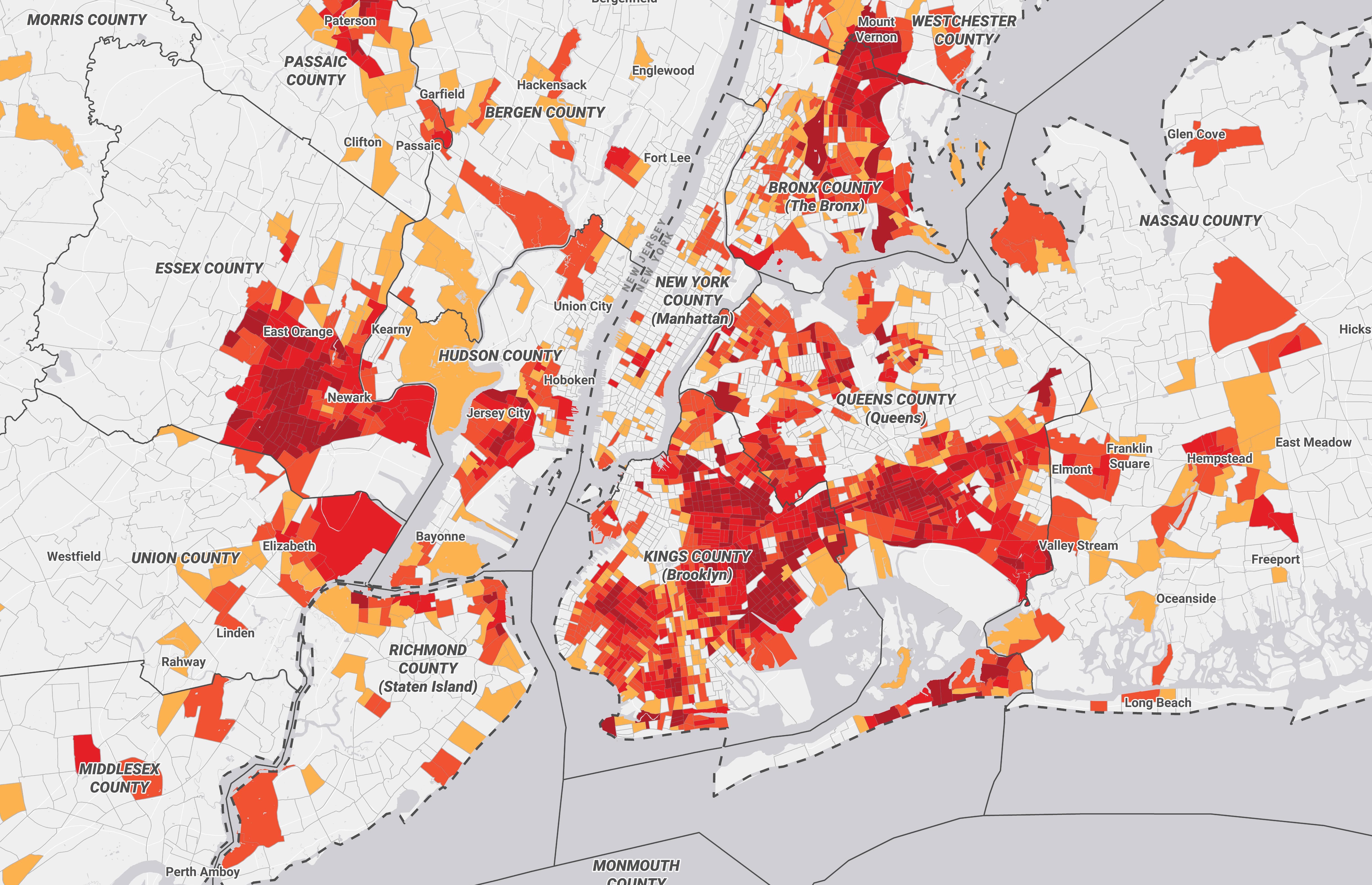 Greater New York City map of census tracts at risk of an undercount, 2019 
