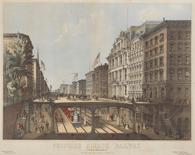 Colored drawing showing a cross-section of a city street with buildings on the sides, train tracks on the ground, and an elevated platform for pedestrians.