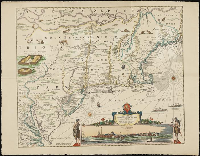 Map of early American, showing the north east with a cartouche depicting New Amsterdam.