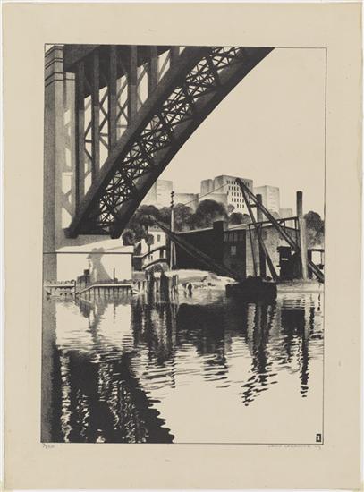 A black and white print of water flowing under a bridge.