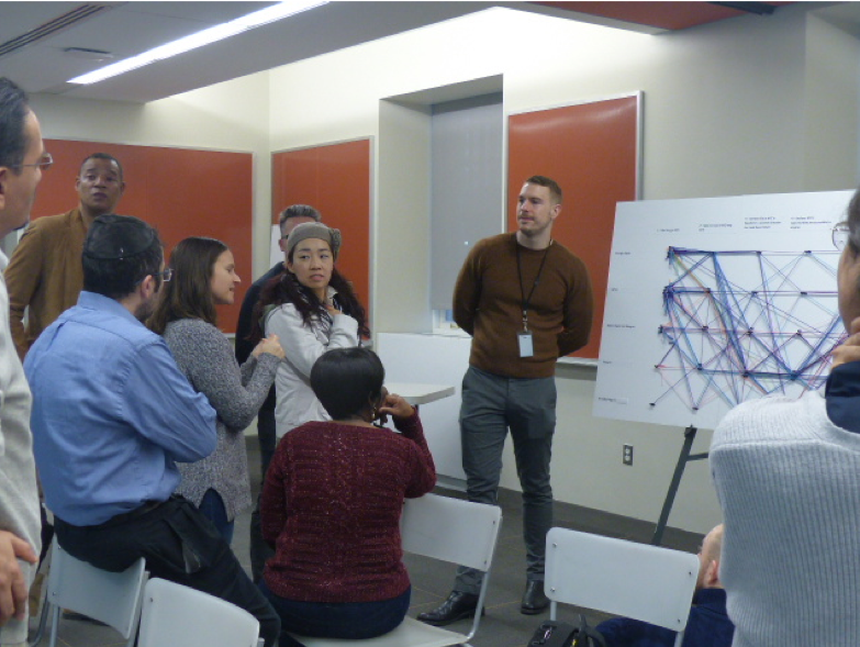 Teachers discuss a data visualization that uses strands of yarn to chart their responses to questions about their attitudes towards New York City’s present and future