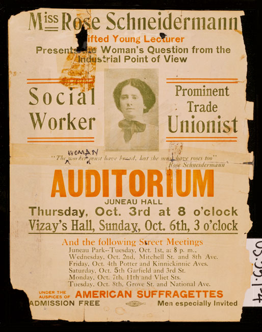 A flyer promotes a 1912 lecture by union activist and suffragist Rose Schneiderman.