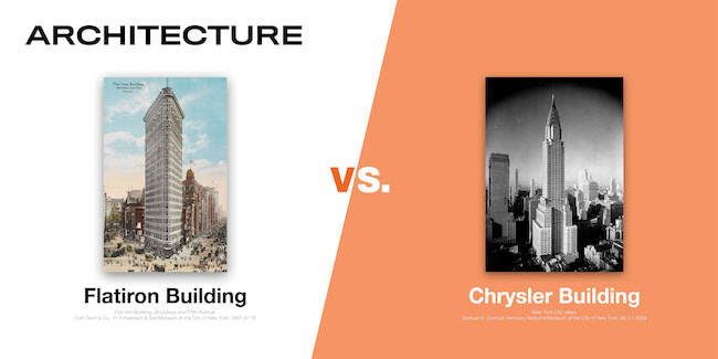 Images of the Flatiron Building and the Chrysler Building, two the eight contenders in the MCNY Madness Challenge, March 2020