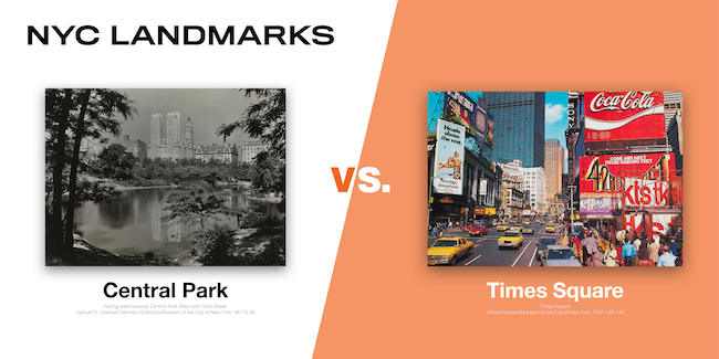 Images of Central Park and Times Square, two the eight contenders in the MCNY Madness Challenge, March 2020