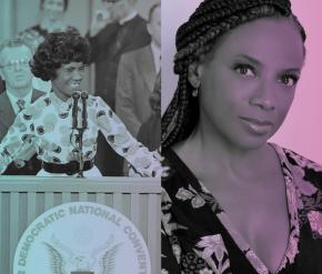  Left: black and white image of Shirley Chisholm at podium during Democratic National Convention of 1972. Right: Black and white headshot of Actor Ingrid Griffith. Both images have a teal to magenta gradient.