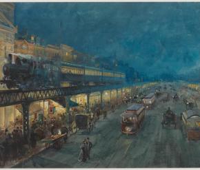 A dark-blue hued painting of an elevated train over a busy city street with trolley cars and carriages and people walking on the sidewalk. The glow of yellow lights illuminate the windows of the train and the shops on the sidewalk below. The painting is impressionistic in style with visible brushstrokes. 