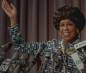 Regina King as Shirley Chisholm in the film "Shirley" waves during a press conference