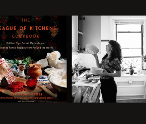 Cover of The League of Kitchens Cookbook by Lisa Kyung Gross, featuring hands grating red vegetables over a wooden board, surrounded by vibrant dishes and kitchenware + Image of Lisa Kyung Gross on right