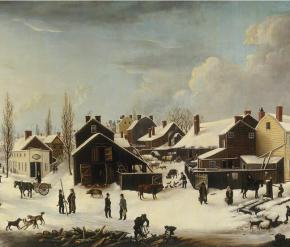 A wintery scene with snow on the ground, people in the foreground and multicolored homes