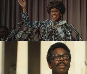 A still of Regina King as Shirley Chisholm on the left and a still of Coleman Domingo as Bayard Rustin on the right. 