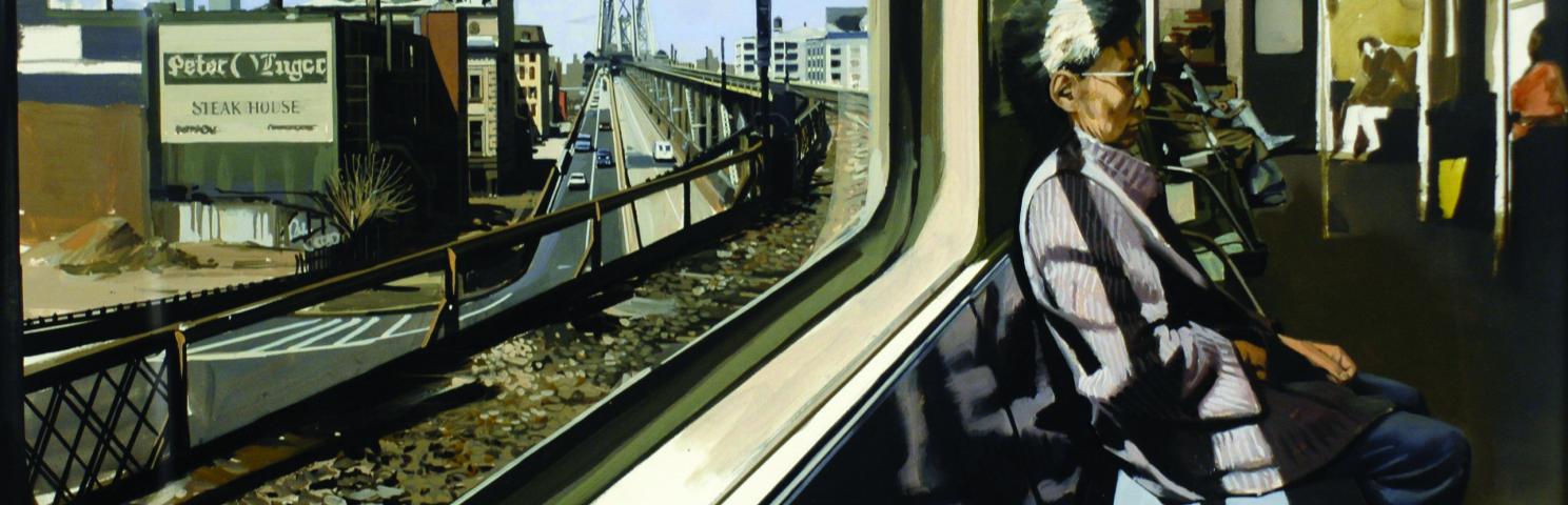 Painting of person sitting on M Train going over the Williamsburg Bridge