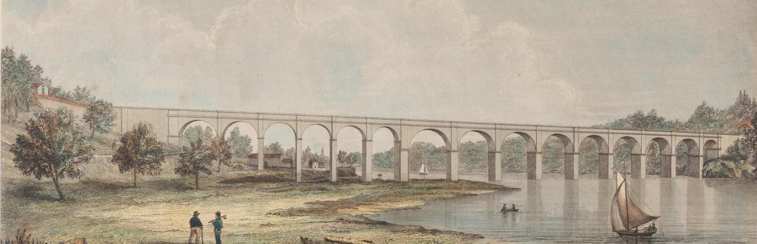 Landscape of a river and surrounding banks. Two figures stand on the closest bank, and a tall aqueduct is visible behind them