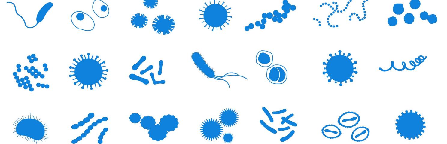 White background with light blue cartoon drawings of the microbes for different diseases