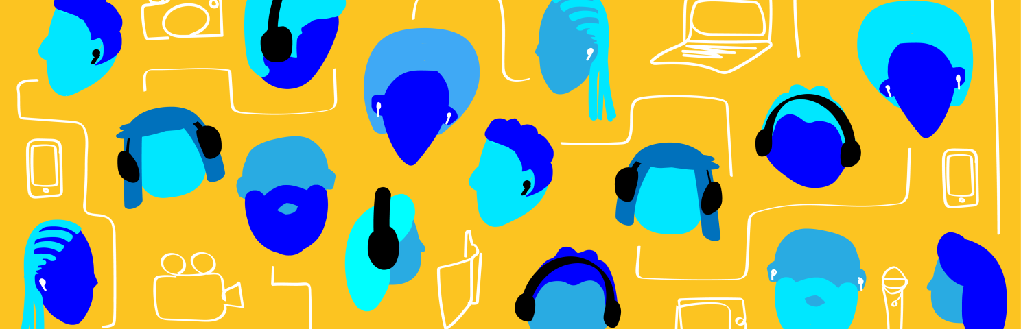 Graphic showing many heads, some with headphones, and various devices such as laptops, phones, and tablets