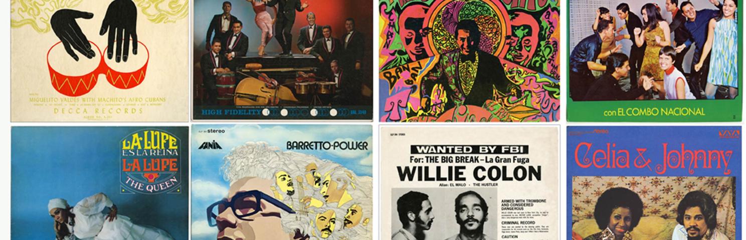 The covers of eight popular salsa music albums arranged in a grid