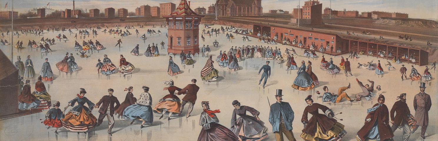 Mid-1800s print of people ice skating on a large rink. City buildings are visible in the background.