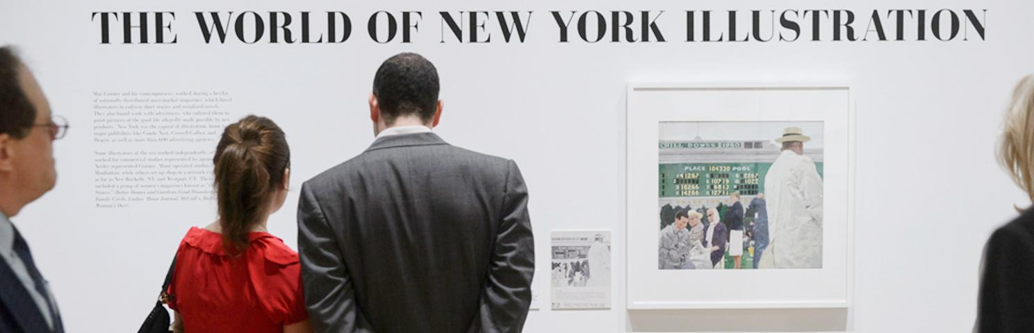 Visitors in front of a wall with “THE WORLD OF NEW YORK ILLUSTRATION” on it. Below text is a drawing of people at a racetrack