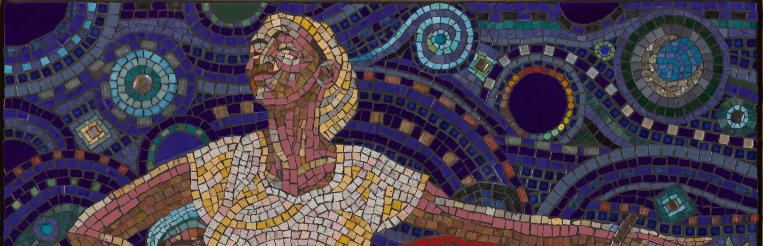 A mosaic of a woman with a red skirt. 