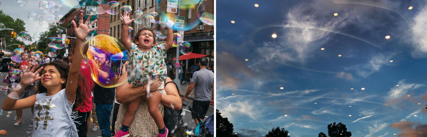 On left, members of the Park Slope community on the street playing with bubbles. On right, the night sky in Prospect Park with reflections of the lights from below.