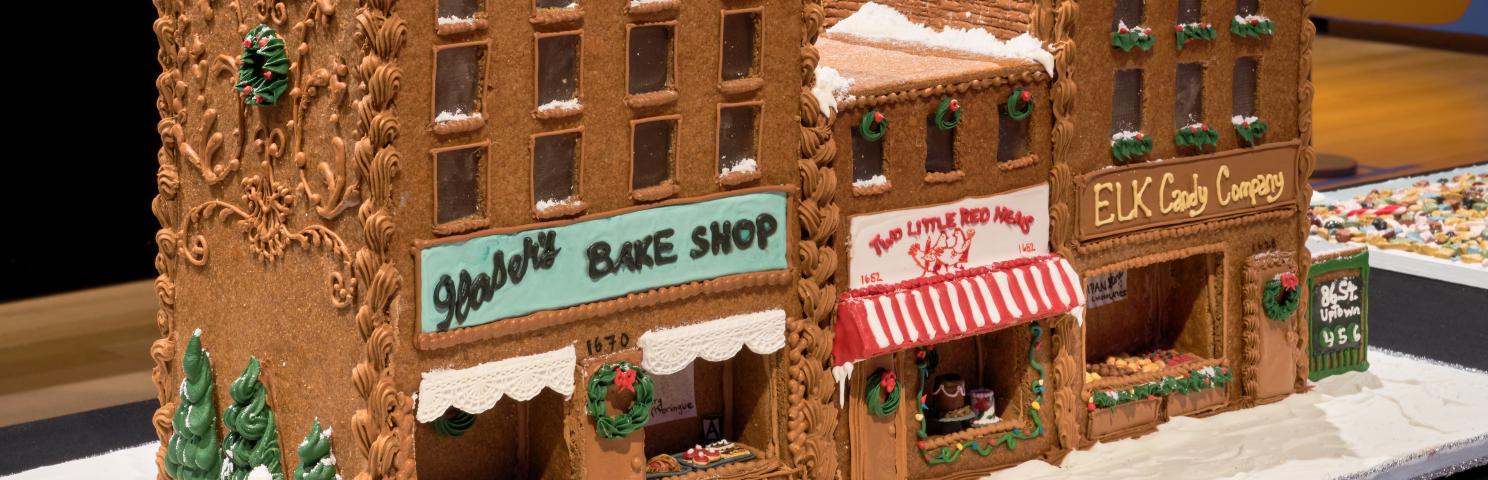 A depiction of Yorkville businesses in gingerbread