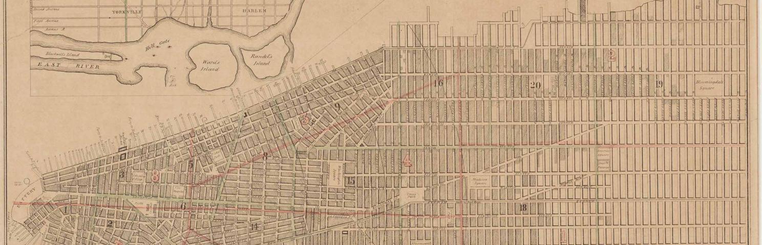 Planning map for the New York City grid system. The map shows all of Manhattan, with the streets and parks labeled.