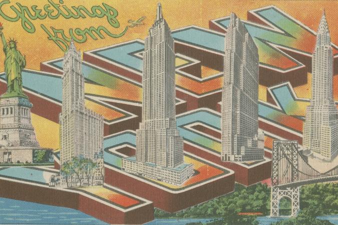 Iconic buildings of New York with text that reads "Greetings from New York"