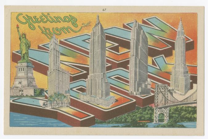 A postcard with the Statue of Liberty, Empire State Building, and other iconic NYC buildings