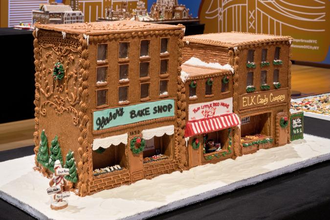 A depiction of Yorkville businesses in gingerbread