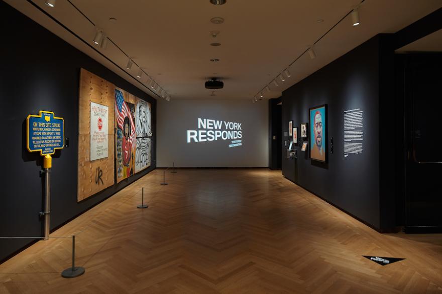 Installation Shot of New York Responds: The First Six Months. View of the anteroom, facing the title wall