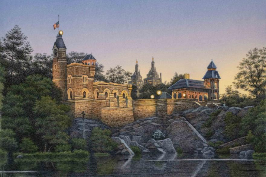 Watercolor of Central Park showing Belvedere Castle in the Summer.