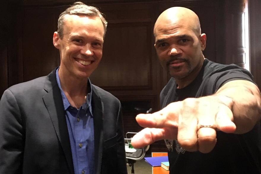 Your Hometown host Kevin Burke with Darryl McDaniels of Run-DMC