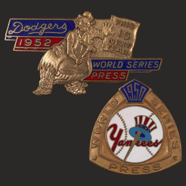 1950s Dodgers and Yankees World Series Press pins.