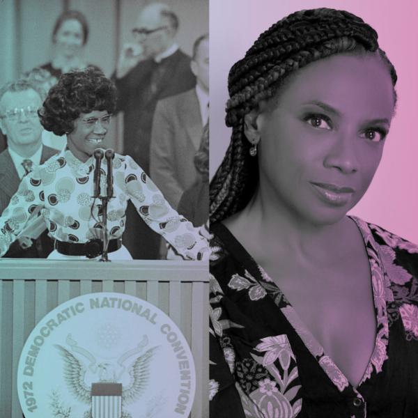  Left: black and white image of Shirley Chisholm at podium during Democratic National Convention of 1972. Right: Black and white headshot of Actor Ingrid Griffith. Both images have a teal to magenta gradient.