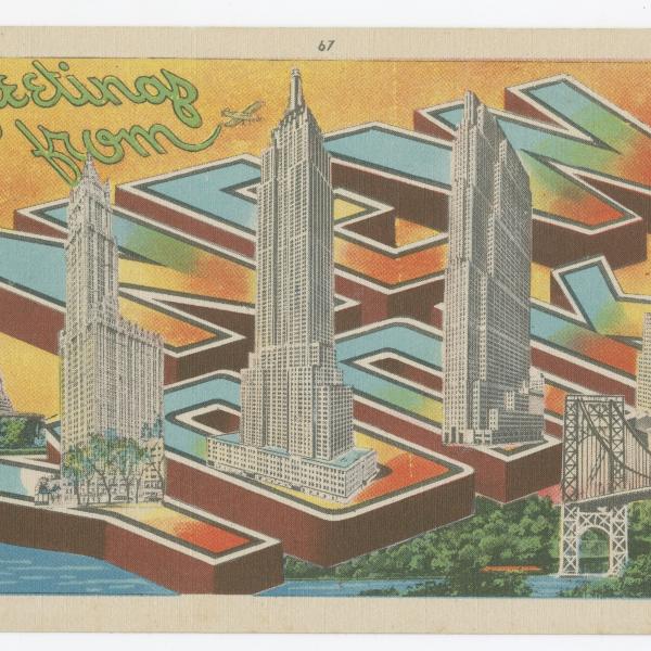 A postcard with the Statue of Liberty, Empire State Building, and other iconic NYC buildings