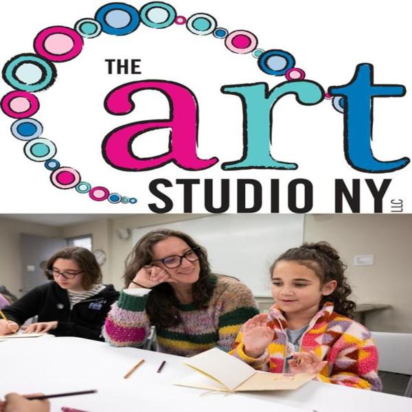 Art Studio NY Logo above image of Three people of different ages enjoy an art making activity together.