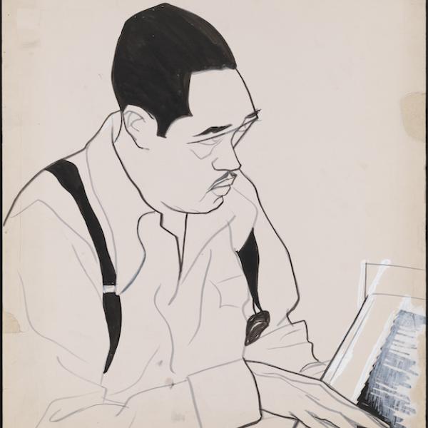 Drawing of Duke Ellington at a piano.