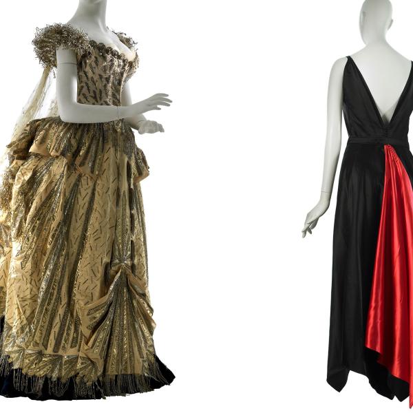 Image of two evening dresses, left gold and made by Maison worth, right black and red and made by Mainbocher. 