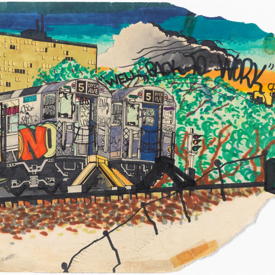 A painting of number 5 subway trains decorated with graffiti