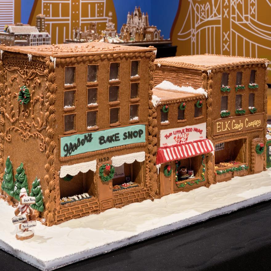 A depiction of Yorkville businesses in gingerbread