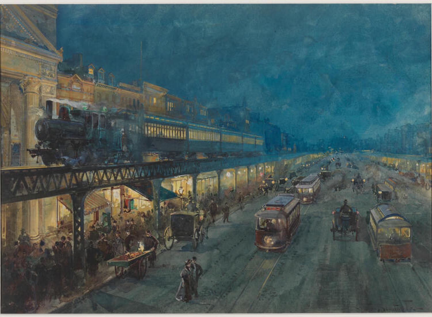 A dark-blue hued painting of an elevated train over a busy city street with trolley cars and carriages and people walking on the sidewalk. The glow of yellow lights illuminate the windows of the train and the shops on the sidewalk below. The painting is impressionistic in style with visible brushstrokes. 